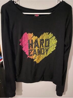 Hard Candy Black Long Sleeve Sweater with Pink and Yellow Heart Graphic